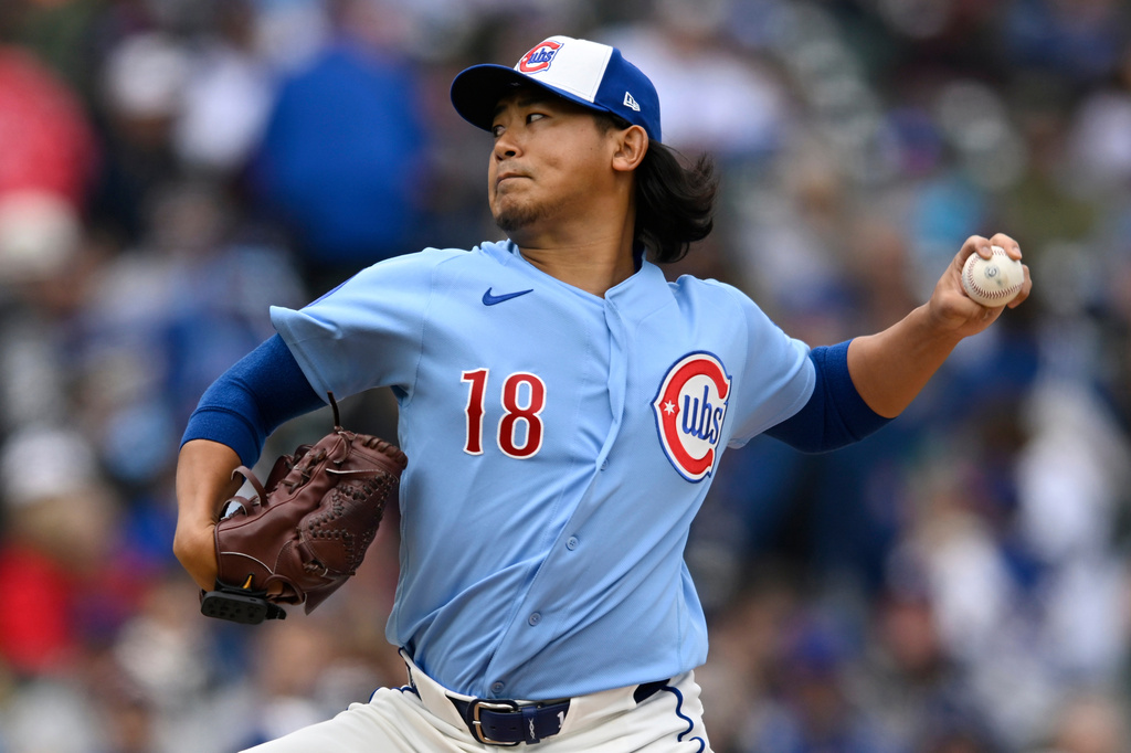 Chicago Cubs starter Shota Imanaga delivers a pitch during the first inning of a baseball game against the Pittsburgh Pirates in Chicago, Friday, April 10, 2026. (AP Photo/Paul Beaty)