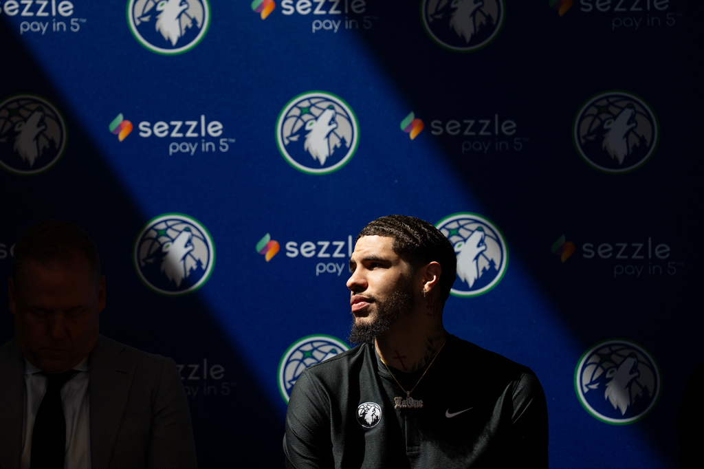 Minnesota Timberwolves newly-acquired point guard LaMelo Ball is introduced at a press conference at the Target Center in Minneapolis on Tuesday, July 14, 2026. (Alex Kormann/Minnesota Star Tribune via AP)