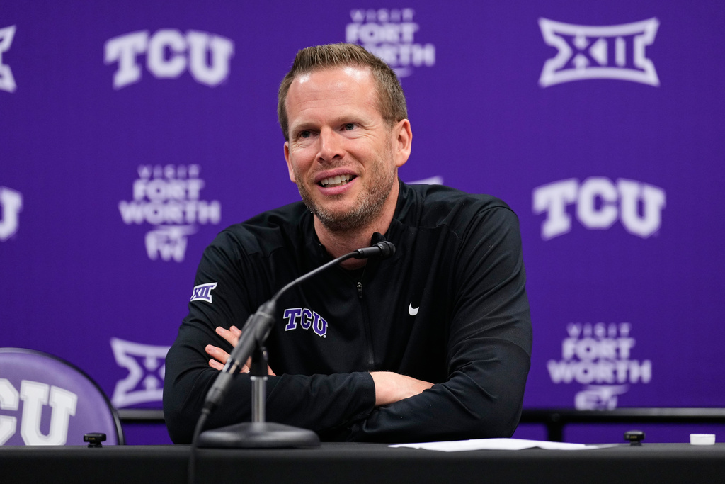 TCU head coach Mark Campbell responds to a question during a news conference after an NCAA college basketball game against Arkansas Pine Bluff in Fort Worth, Texas, Tuesday, Dec. 16, 2025. (AP Photo/Tony Gutierrez)