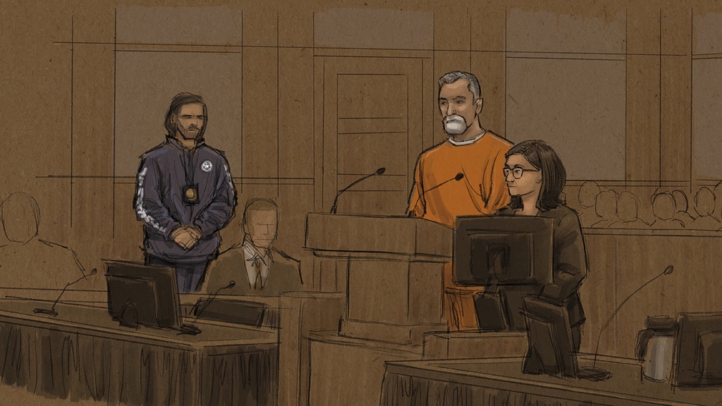 This courtroom sketch shows Vance Boelter, who is charged with killing the top Democrat in the Minnesota House and her husband, and wounding a state senator and his wife, appears at federal court in Minneapolis, Thursday, Aug. 7, 2025. (Cedric Hohnstadt via AP)