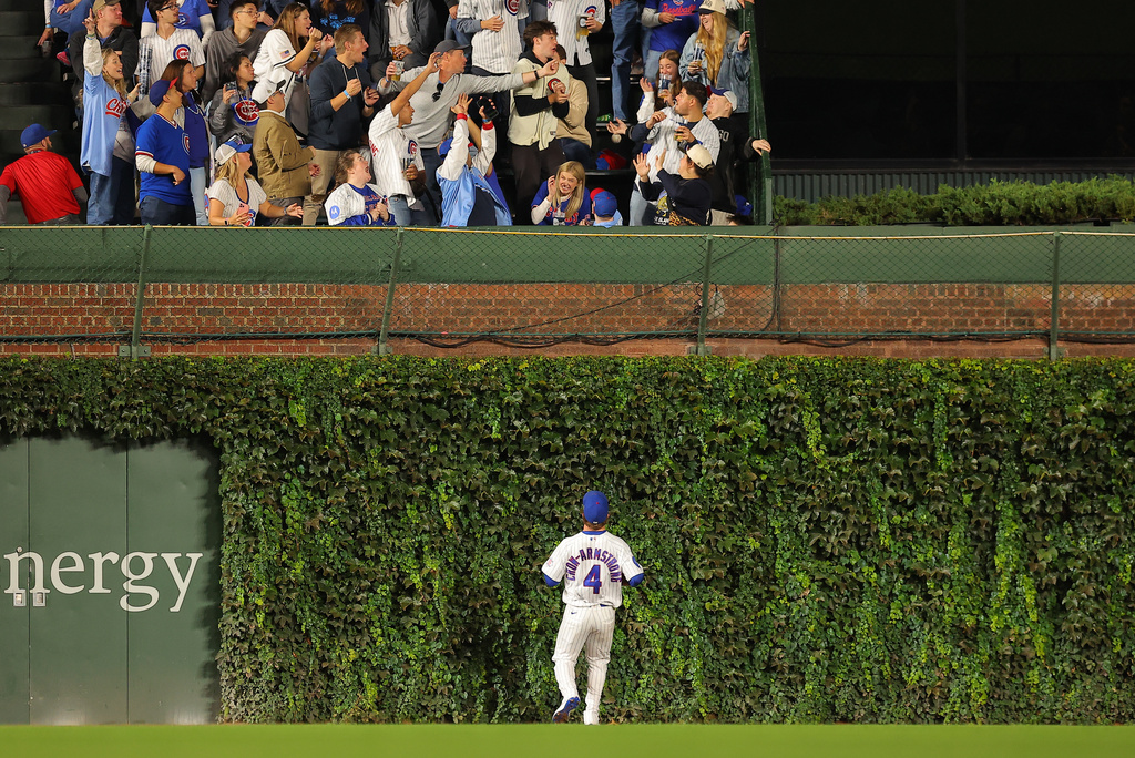Chicago Cubs' Pete Crow-Armstrong watches Miami Marlins' Kyle Stowers two-run home run during the sixth inning of a baseball game against the Miami Marlins, Wednesday, Sept. 23, 2026, in Chicago. (AP Photo/Melissa Tamez)