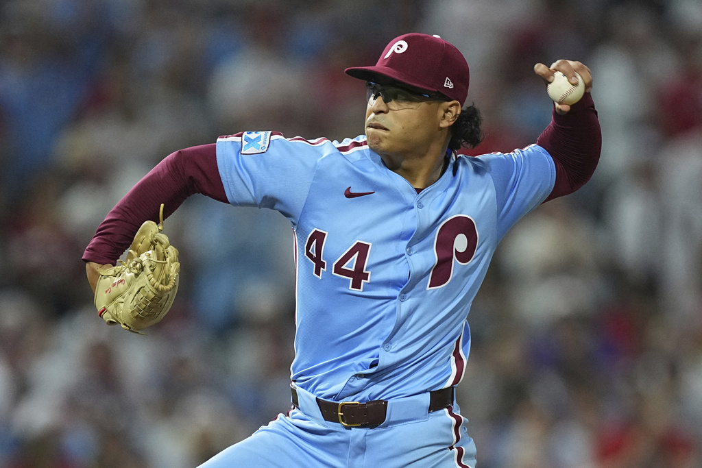Philadelphia Phillies pitcher Jesús Luzardo delivers during the eighth inning of a baseball game, Thursday, Sept. 11, 2025, in Philadelphia. (AP Photo/Matt Rourke)