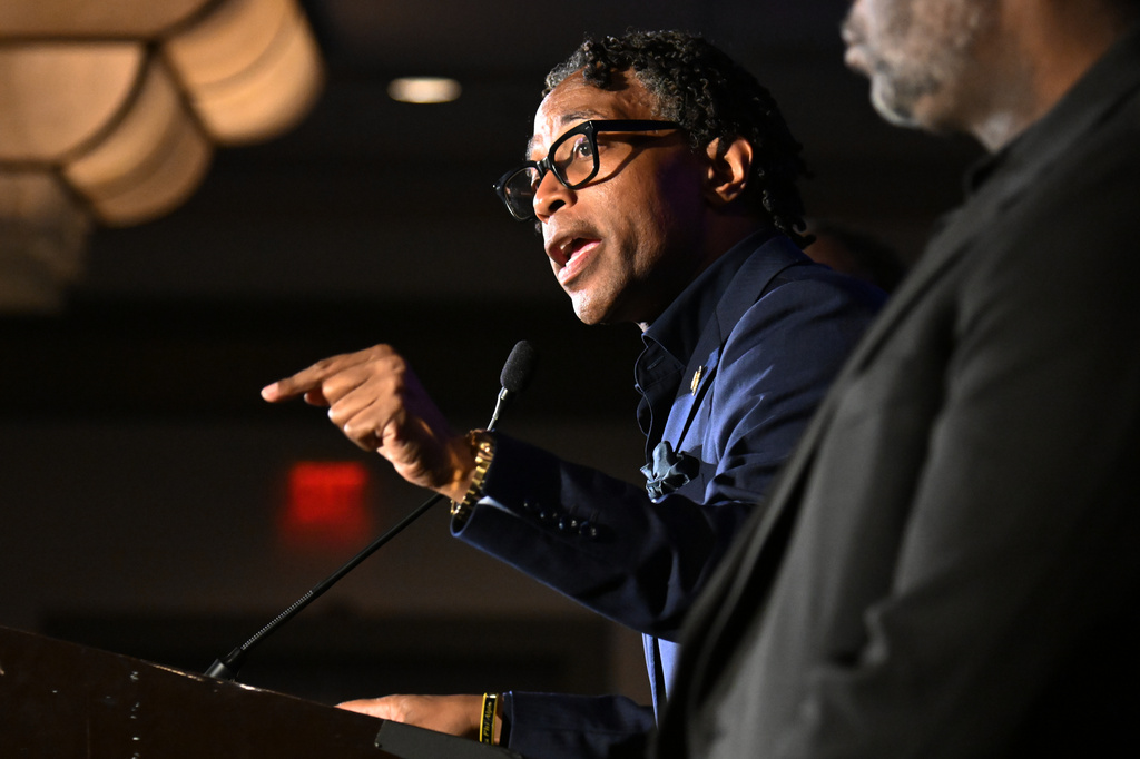 U.S. Rep. Wesley Bell, D-Mo., speaks during a primary election night watch party after winning the Democratic nomination Tuesday, Aug. 4, 2026, in St. Louis. (AP Photo/Michael Thomas)