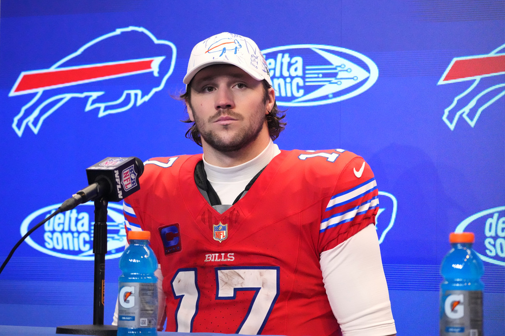 Buffalo Bills' Josh Allen pauses during a news conference after an NFL football game against the Philadelphia Eagles, Sunday, Dec. 28, 2025, in Buffalo, N.Y. (AP Photo/Gene J. Puskar)