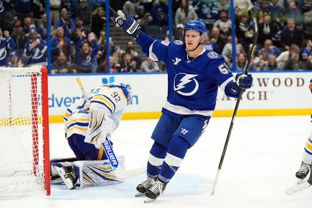 Tampa Bay Lightning center Jake Guentzel (59) celebrates after sccoring the game-winning goal against Buffalo Sabres goaltender Colten Ellis (92) during and overtime period of an NHL hockey game Tuesday, Feb. 3, 2026, in Tampa, Fla. (AP Photo/Chris O'Meara)
