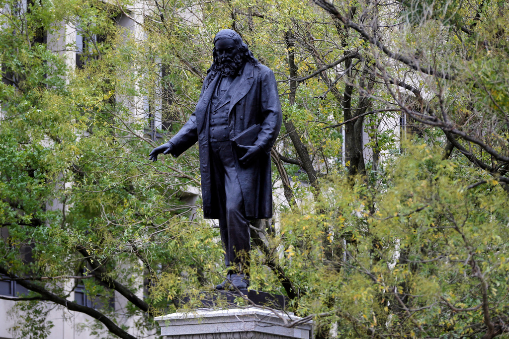 A statue of Confederate general Albert Pike has been reinstalled in a park near the headquarters of the Department of Labor, Tuesday, Oct. 28, 2025, in Washington. (AP Photo/Rahmat Gul)