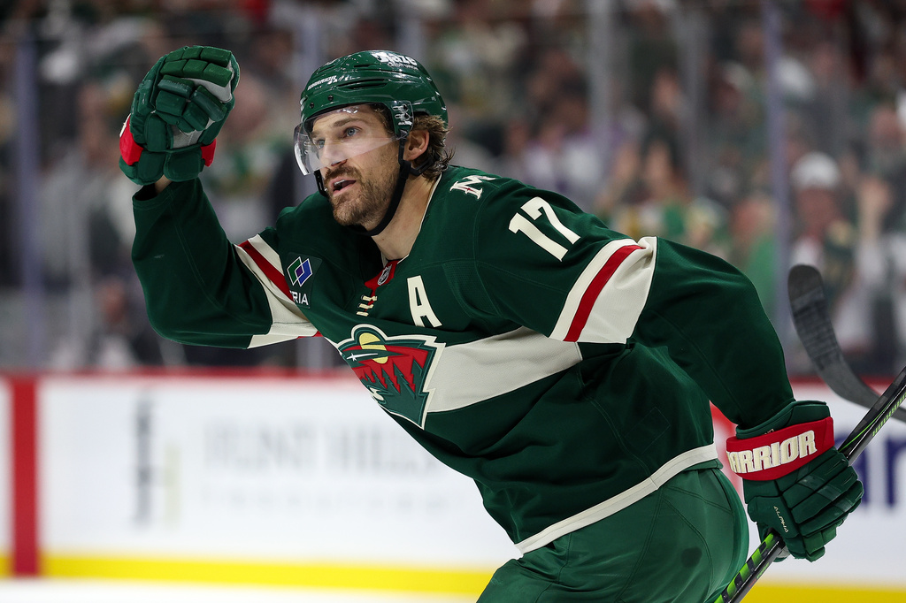 Minnesota Wild left wing Marcus Foligno celebrates his goal against the Dallas Stars during the third period of Game 4 in the first round of the NHL Stanley Cup hockey playoffs Saturday, April 25, 2026, in St. Paul, Minn. (AP Photo/Matt Krohn)