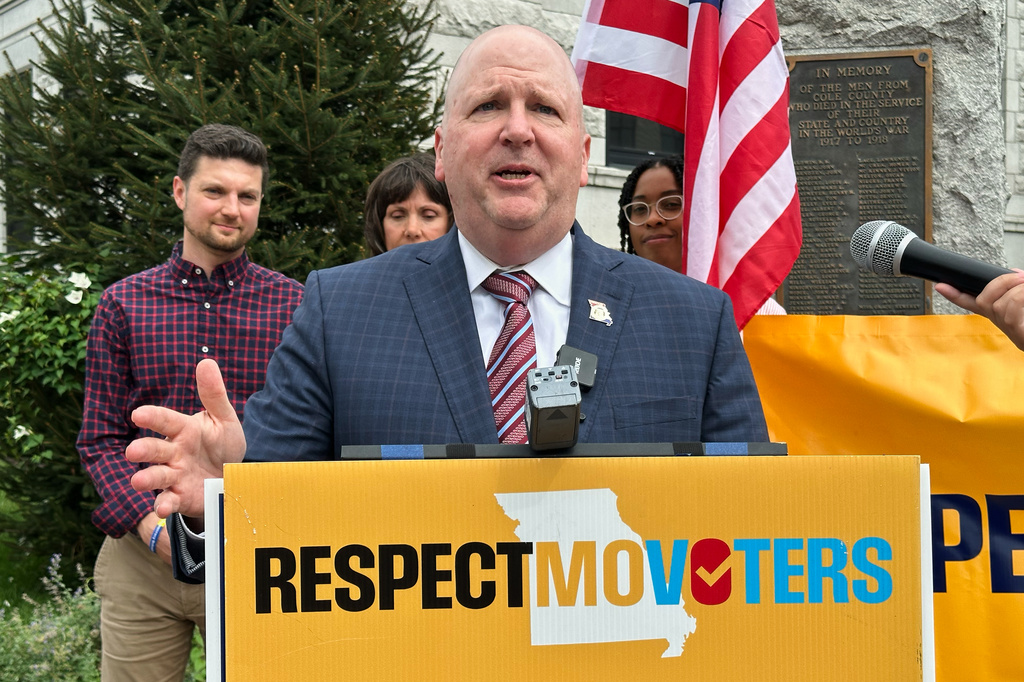 Attorney Chuck Hatfield, representing the group Respect Missouri Voters, speaks to reporters outside the Cole County Courthouse in Jefferson City, Mo., Tuesday, Aug. 18, 2026. (AP Photo/David A. Lieb)