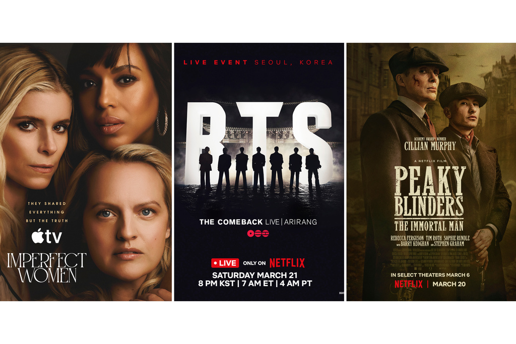 This combination of images shows promotional art for the series "Imperfect Women," from left, the concert event "BTS: The Comeback Live ARIRANG," and the film "Peaky Blinders: The Immortal Man." (Apple TV/Netflix/Netflix via AP)