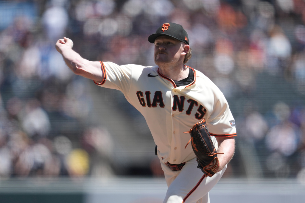 San Francisco Giants pitcher Logan Webb throws against the Milwaukee Brewers during the first inning of a baseball game, Wednesday, July 29, 2026, in San Francisco. (AP Photo/Jeff Chiu)