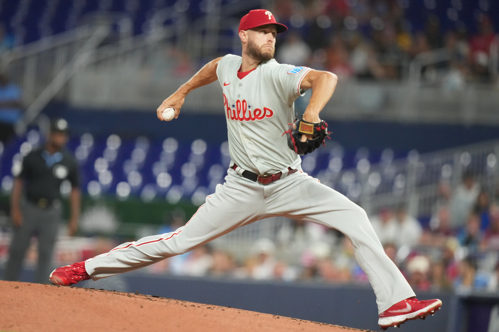 Philadelphia Phillies starting pitcher Zack Wheeler throws during the first inning of a baseball game against the Miami Marlins, Monday, July 27, 2026, in Miami. (AP Photo/Lynne Sladky)