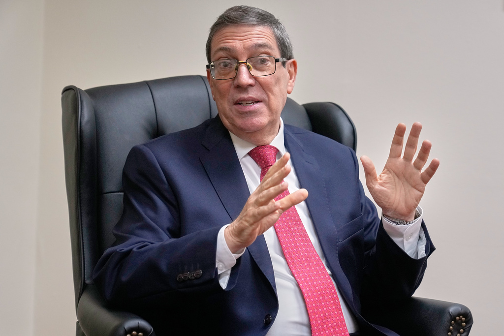 Cuba's Foreign Minister Bruno Rodriguez Parrilla speaks during an interview with The Associated Press at the Permanent Mission of Cuba to the United Nations, in New York, Tuesday, Sept. 30, 2025. (AP Photo/Richard Drew)