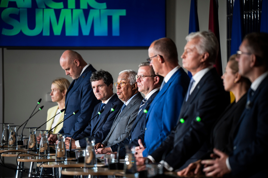 From left, the High Representative of the Union for Foreign Affairs, Security Policy Kaja Kallas, Prime Minister of Latvia Andris Kulbergs, President of Romania Nicușor Dan, President of the European Council Antonio Costa, Prime Minister Petteri Orpo of Finland, German Chancellor Friedrich Merz, President of Lithuania Gitanas Nauseda, Prime Minister Mette Frederiksen of Denmark and Prime Minister of Estonia Kristen Michal attend a press conference as part of the European Arctic Summit in Rovaniemi, Finland, Monday, Sept. 14, 2026. (Jouni Porsanger/Lehtikuva via AP)