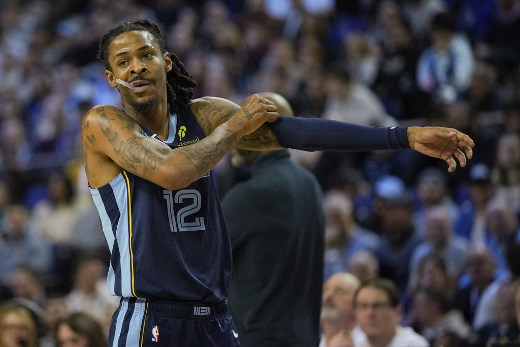 Memphis Grizzlies guard Ja Morant during the first half of an NBA basketball game against the Orlando Magic Sunday, Jan. 18, 2026, in London. (AP Photo/Kin Cheung)