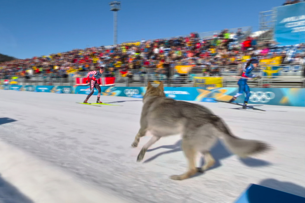 In this image taken from video provided by Olympic Broadcasting Services, OBS, a dog runs onto the track near the finish during the heats of the cross-country skiing women's team sprint free at the 2026 Winter Olympics, in Tesero, Italy, Wednesday, Feb. 18, 2026. (Olympic Broadcasting Services via AP)
