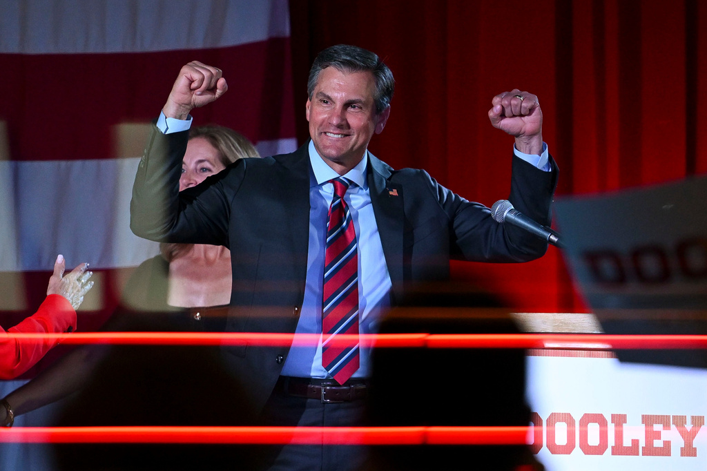 Republican gubernatorial candidate Derek Dooley greets supporters at his election night party Tuesday, May 19, 2026, in Atlanta. (Daniel Varnado/Atlanta Journal-Constitution via AP)