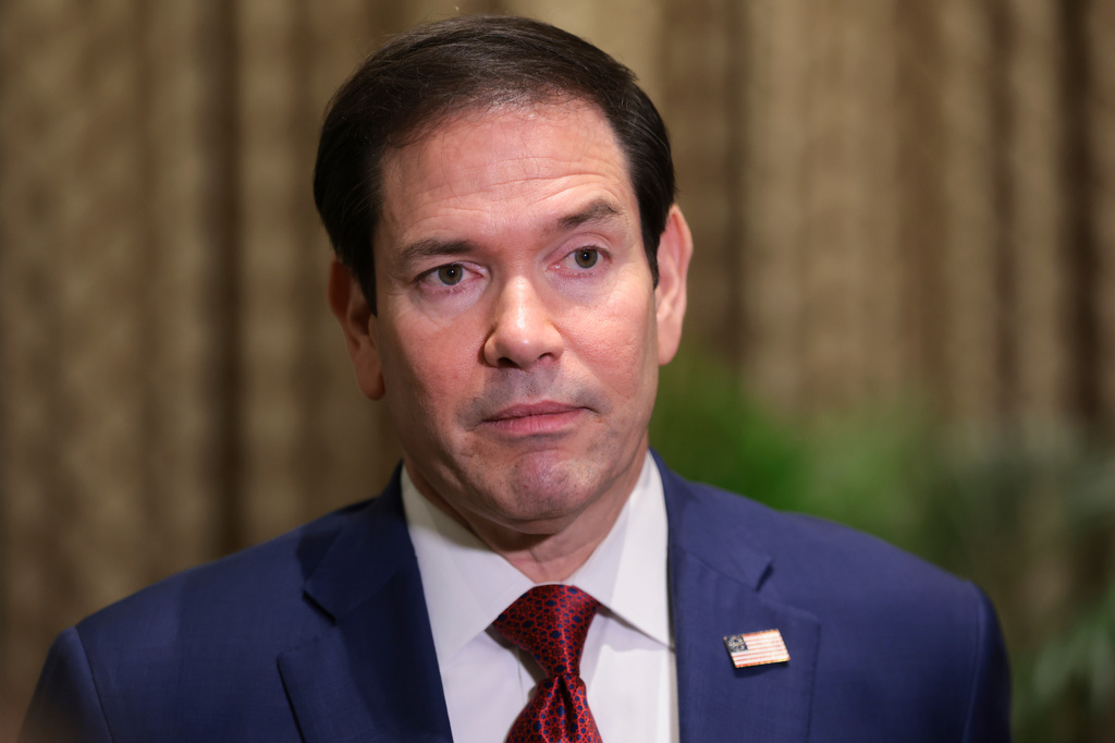 U.S. Secretary of State Marco Rubio looks on as he speaks with members of the media at the Taj Mahal Palace hotel in Mumbai, India, Wednesday, Oct. 21, 2026. (Kylie Cooper/Pool Photo via AP)