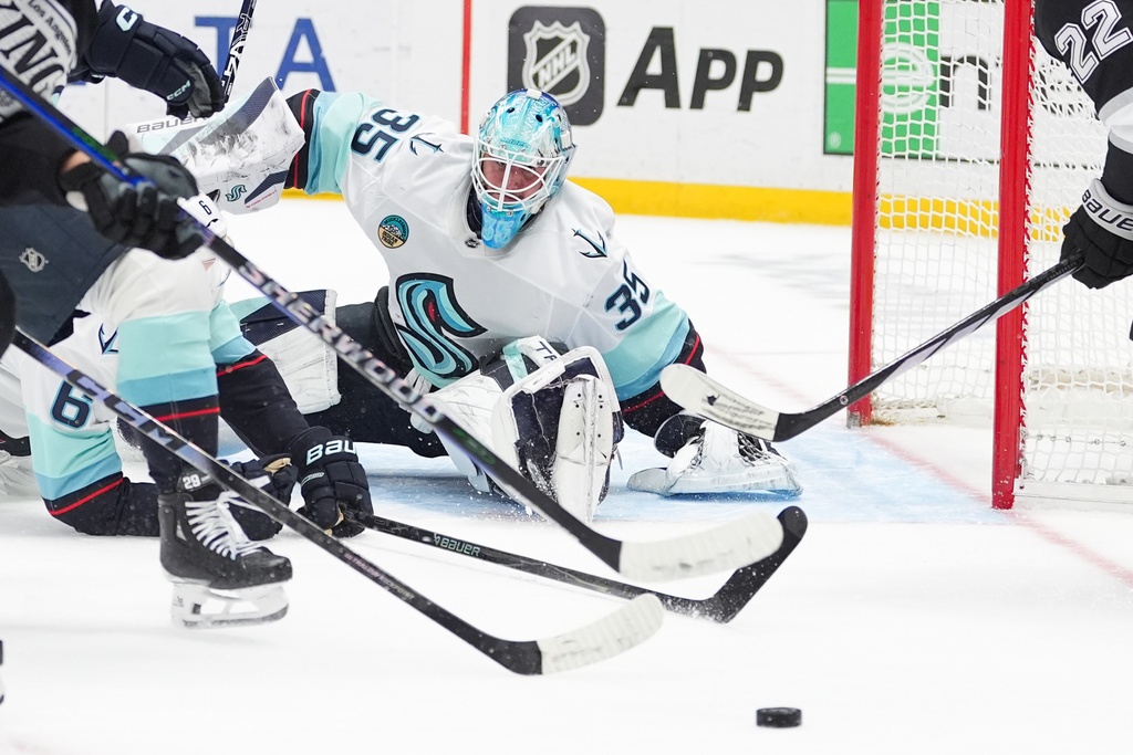 Seattle Kraken goaltender Joey Daccord (35) guards his net during the second period of an NHL hockey game against the Los Angeles Kings Wednesday, Feb. 4, 2026, in Los Angeles. (AP Photo/Jae C. Hong)