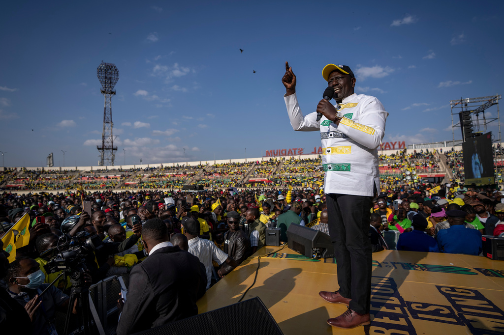 FILE - Kenyan presidential candidate William Ruto addresses supporters at his final electoral campaign rally at Nyayo stadium in Nairobi, Kenya Saturday, Aug. 6, 2022. (AP Photo/Ben Curtis, File)
