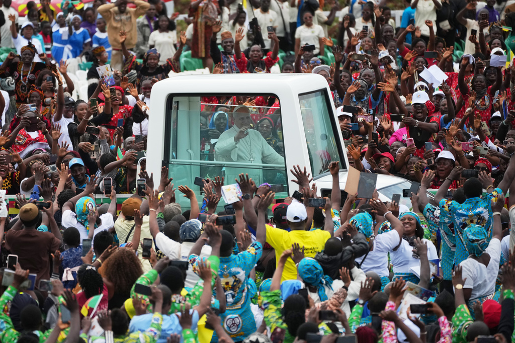 Pope Leo XIV arrives to celebrate Mass at Bamenda Airport, Cameroon, Thursday, April 16, 2026, on the fourth day of his 11-day pastoral visit to Africa. (AP Photo/Andrew Medichini)