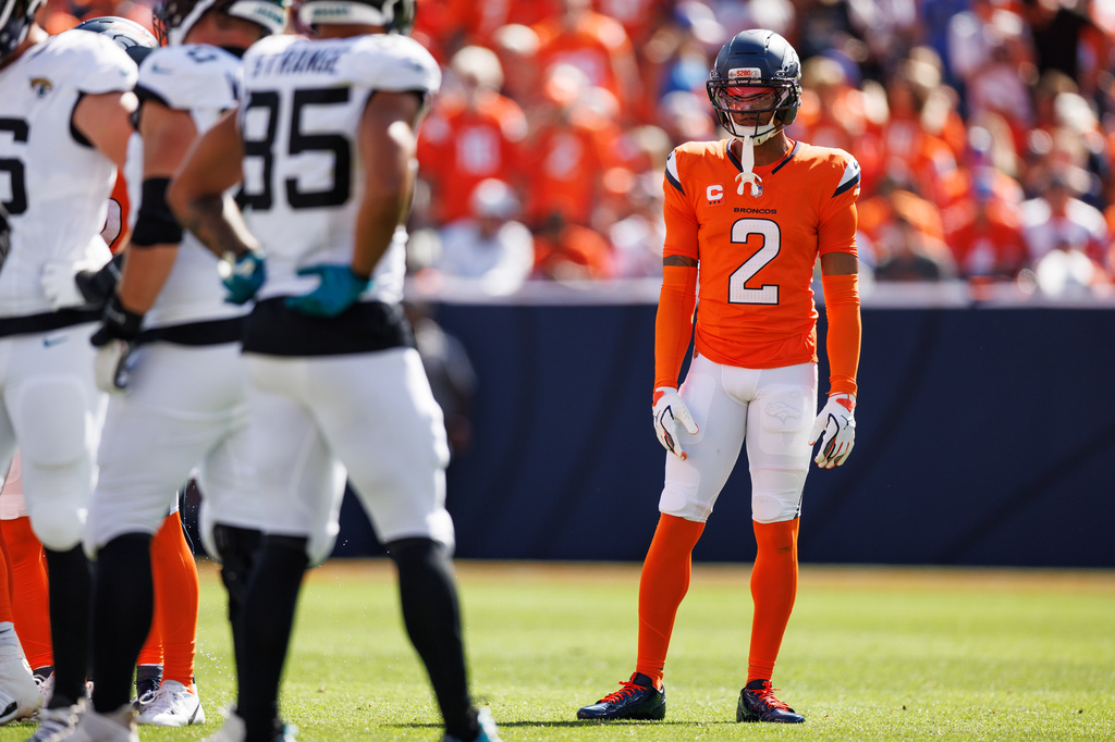 Denver Broncos cornerback Pat Surtain II (2) eyes the Jacksonville Jaguars offense during an NFL football game against the Jacksonville Jaguars, Sunday, Sept. 20, 2026 in Denver. (Gavin Liddell/Denver Broncos via AP)