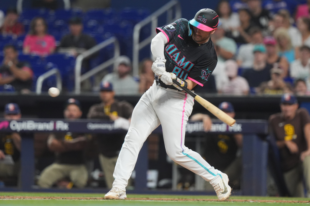Miami Marlins' Joe Mack (80) hits a home run during the second inning of a baseball game against the San Diego Padres Friday, July 24, 2026, in Miami. (AP Photo/Marta Lavandier)