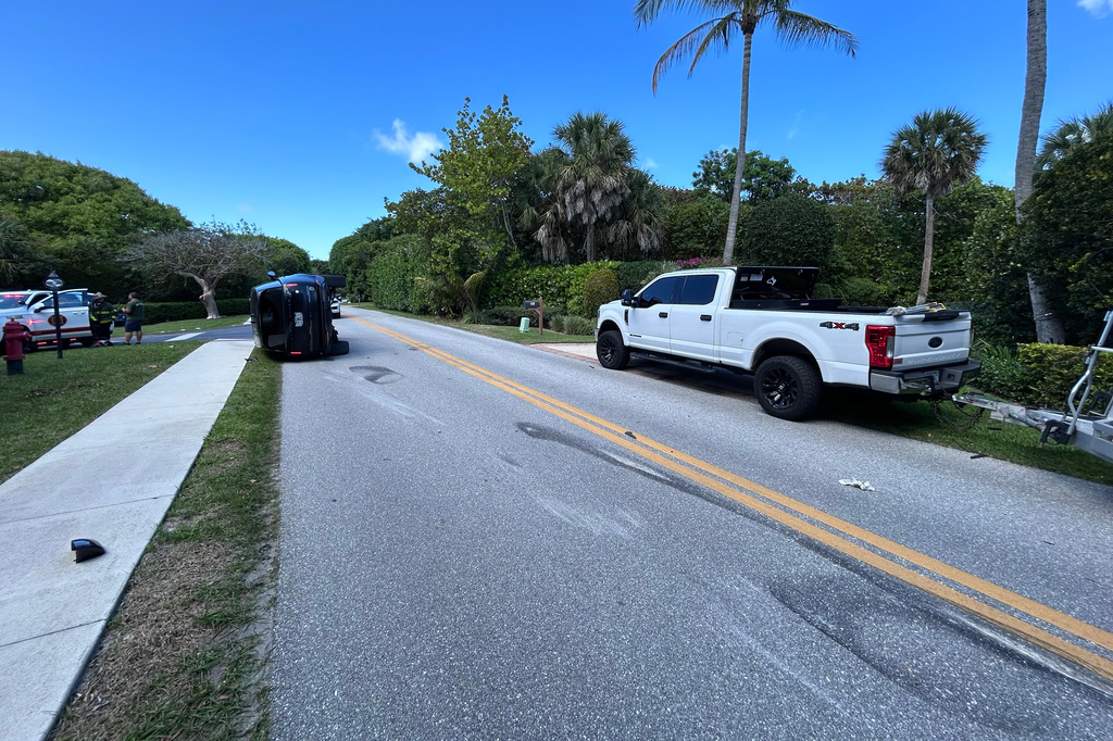 This photo provided by the Martin County Sheriff's Office shows skid marks near the overturned vehicle in a rollover crash which involved Tiger Woods in Jupiter Island, Fla., on Friday, March 27, 2026. (Martin County Sheriff's Office via AP)