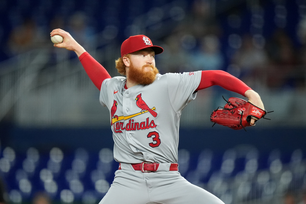 St. Louis Cardinals starting pitcher Dustin May pitches during the first inning of a baseball game against the Miami Marlins, Tuesday, April 21, 2026, in Miami. (AP Photo/Rebecca Blackwell)