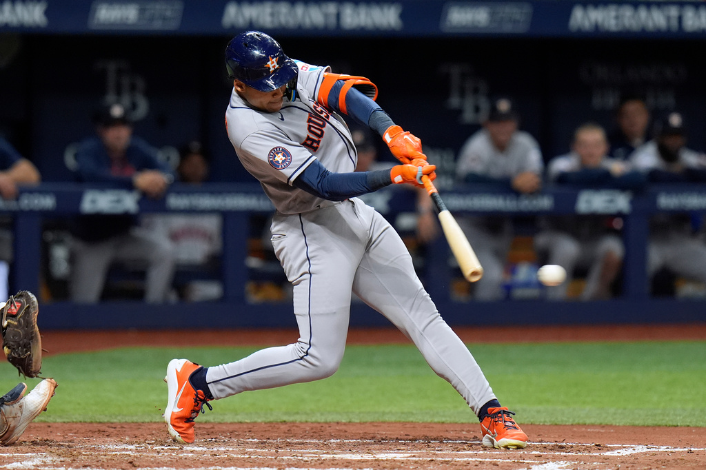 Houston Astros' Cam Smith connects for a single off Tampa Bay Rays pitcher Drew Rasmussen during the fifth inning of a baseball game Friday, Sept. 11, 2026, in St. Petersburg, Fla. (AP Photo/Chris O'Meara)