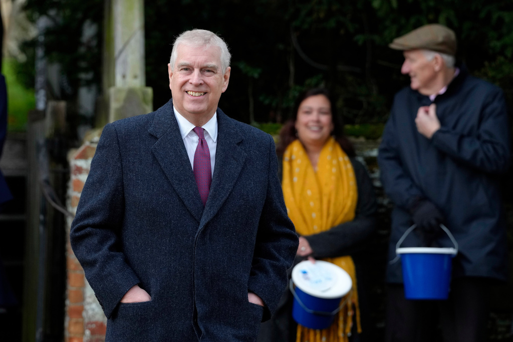 FILE - Prince Andrew leaves after attending the Christmas day service at St Mary Magdalene Church in Sandringham in Norfolk, England, Dec. 25, 2022. (AP Photo/Kirsty Wigglesworth, File)