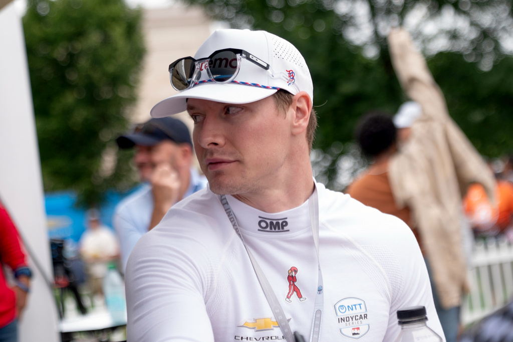 Dennis Hauger participates in an autograph panel ahead of the Freedom 250 Grand Prix auto race, Saturday, Aug. 22, 2026, in Washington. (AP Photo/Allison Robbert)