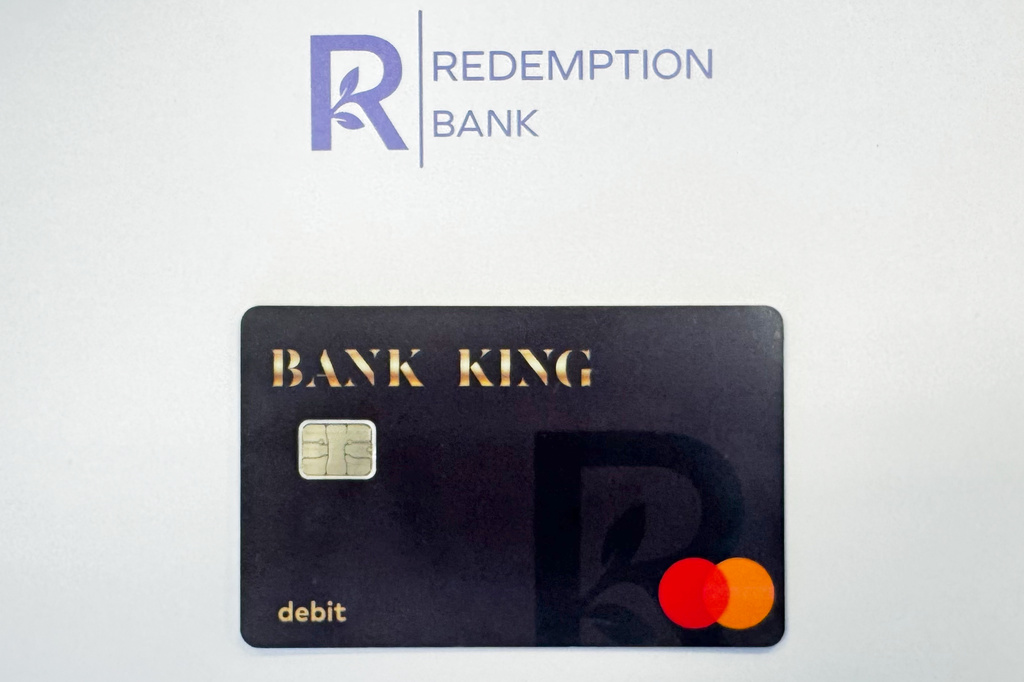 This undated photo provided by Redemption Bank shows a Redemption Bank King Card debit card on Wednesday, June 17, 2026, in Salt Lake City. (Redemption Bank via AP)
