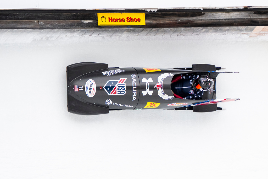 Kaillie Armbruster Humphries of the USA in action, during the Women's Mono-Bob World Cup, in St. Moritz, Switzerland, Saturday, Jan. 10, 2026. (Mayk Wendt/Keystone via AP)