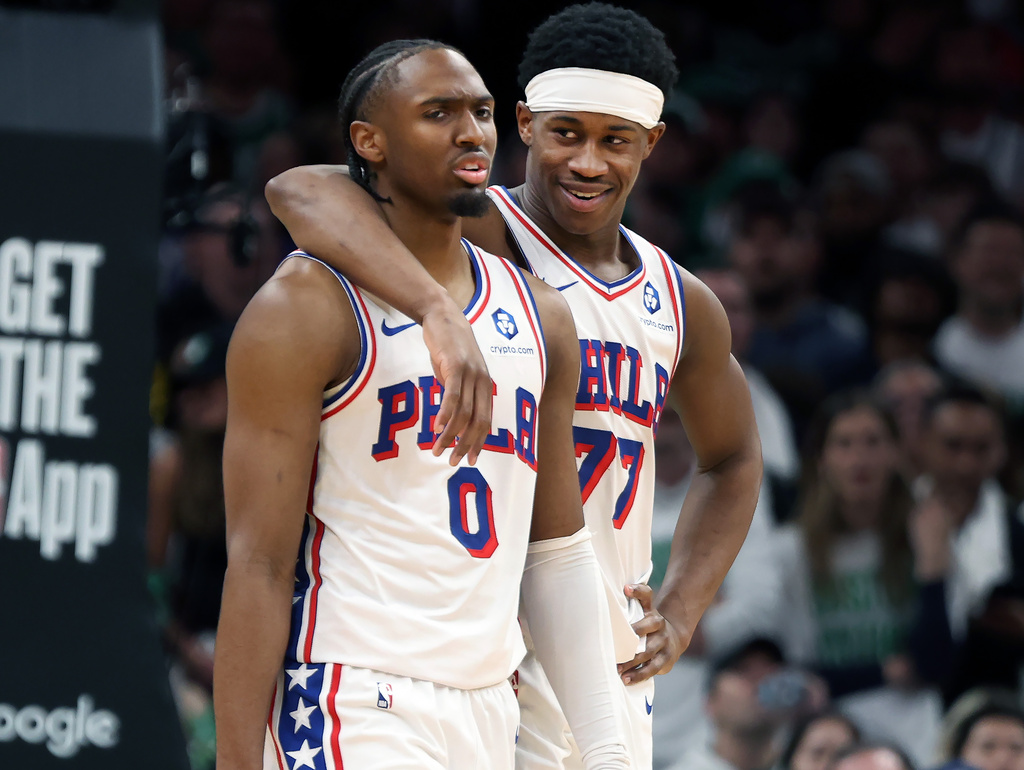 Philadelphia 76ers' Tyrese Maxey (left) and teammate VJ Edgecombe (right) during the second half of Game 7 in a first-round NBA basketball playoffs series, Saturday, May 2, 2026 in Boston. (AP Photo/Jim Davis)