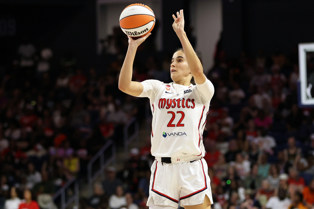 FILE - Washington Mystics guard Sonia Citron (22) takes a shot during the second half of a WNBA basketball game against the New York Liberty, May 10, 2026, in Washington. (AP Photo/Daniel Kucin Jr., File)