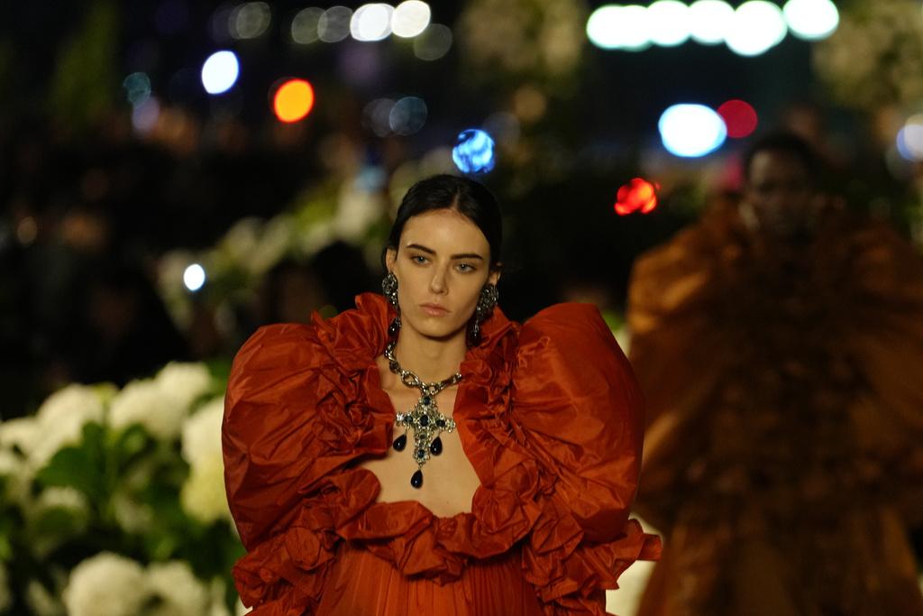 A model wears a creation as part of the Saint Laurent Spring/Summer 2026 collection presented in Paris, Monday, Sept. 29, 2025. (AP Photo/Aurelien Morissard)