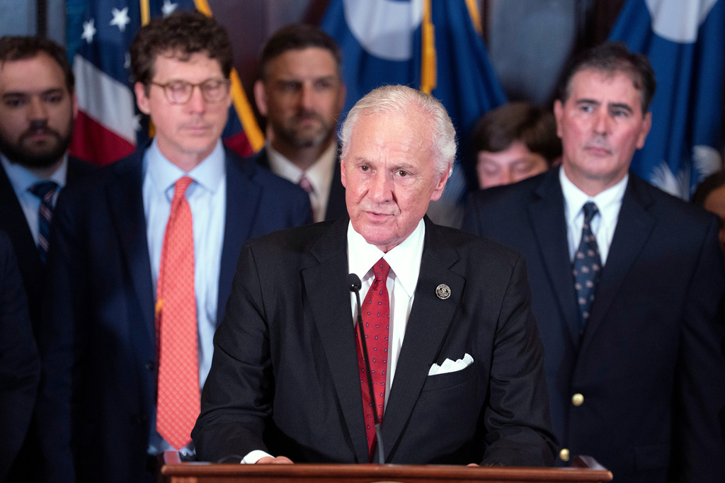South Carolina Gov. Henry McMaster speaks to media to announce the appointment of Darline Graham Nordone to fill the vacancy created by the passing of her brother, U.S. Sen. Lindsey Graham, at the statehouse Monday, July 13, 2026, in Columbia, S.C. (AP Photo/Sean Rayford)