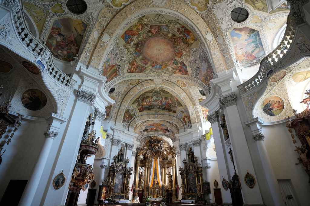 Inside view of the catholic monastery church of Banz in Bad Staffelstein, Germany, Saturday, May 2, 2026. (AP Photo/Matthias Schrader)