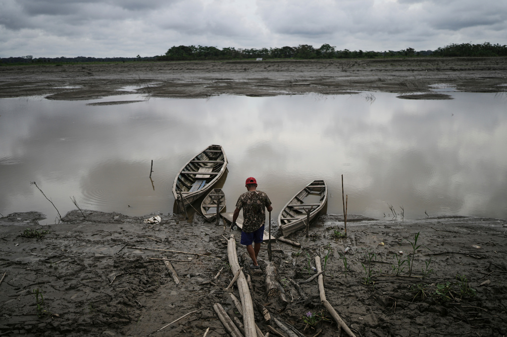 FILE - A fisherman walks to his boat in Santa Rosa, Peru, an island on the Amazon River, on Aug. 17, 2025. (AP Photo/Ivan Valencia, File)