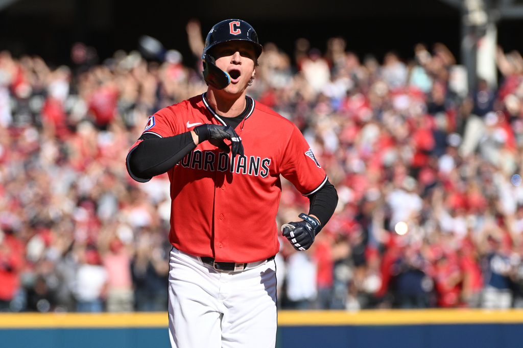 Cleveland Guardians' Petey Halpin celebrates after hitting a two-run home run during the fifth inning in Game 3 against the Tampa Bay Rays in baseball's American League Championship Series in Cleveland, Thursday, Oct. 15, 2026. (AP Photo/Phil Long)