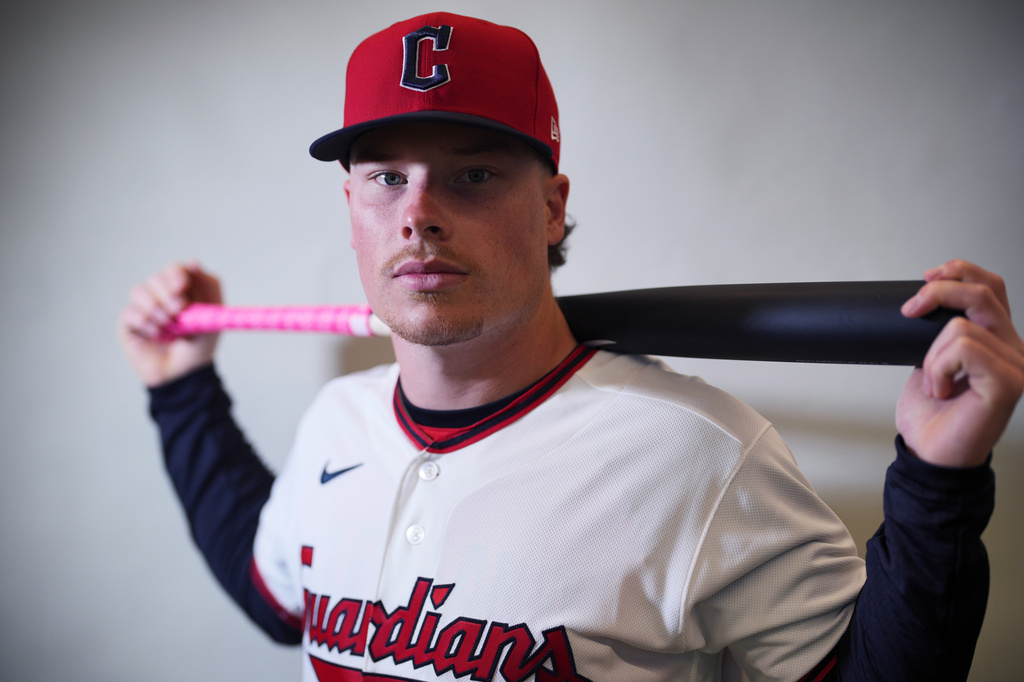 FILE - This is a 2026 photo of Travis Bazzana of the Cleveland Guardians MLB baseball team taken Wednesday, Feb. 18, 2026, in Goodyear, Ariz. (AP Photo/Chris Carlson,File)