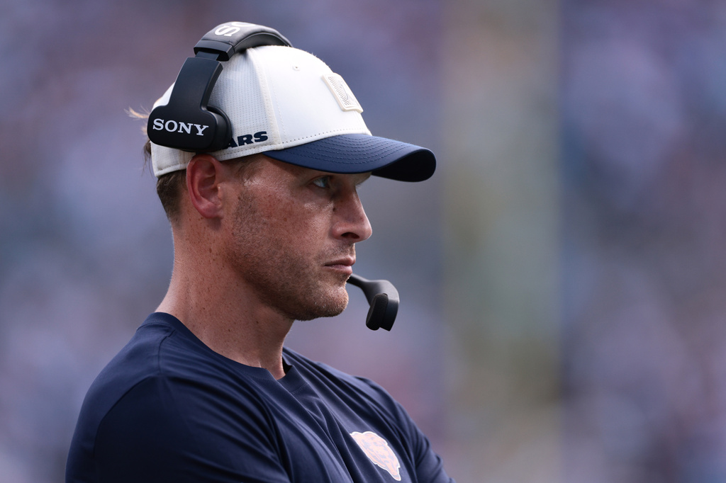 Chicago Bears head coach Ben Johnson looks on during the first half of an NFL football game, Sunday, Sept. 13, 2026, in Charlotte, N.C. (AP Photo/Scott Kinser)