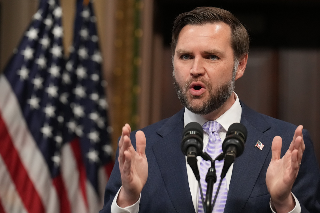 Vice President JD Vance speaks to the media from the Eisenhower Executive Office Building on the White House campus, Wednesday, May 13, 2026, in Washington. (AP Photo/Jacquelyn Martin)