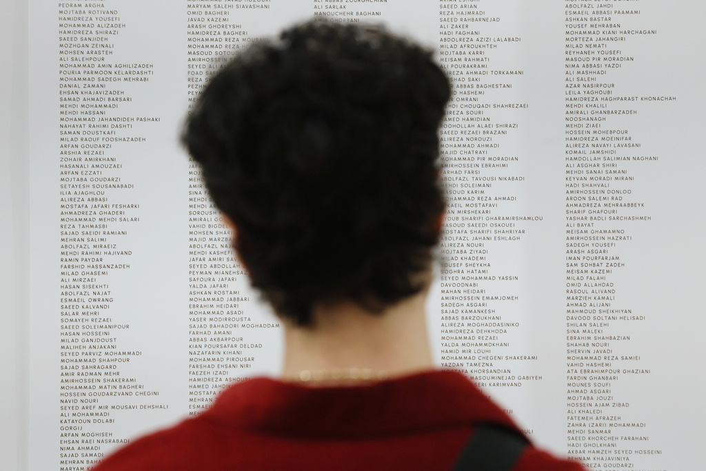 People read the names of Iranian lives that were lost during the Pomexpo Norooz Bazaar in New York, on Saturday, March 14, 2026, for the upcoming Nowruz, Iranian/Persian New Year's day. (AP Photo/Heather Khalifa)