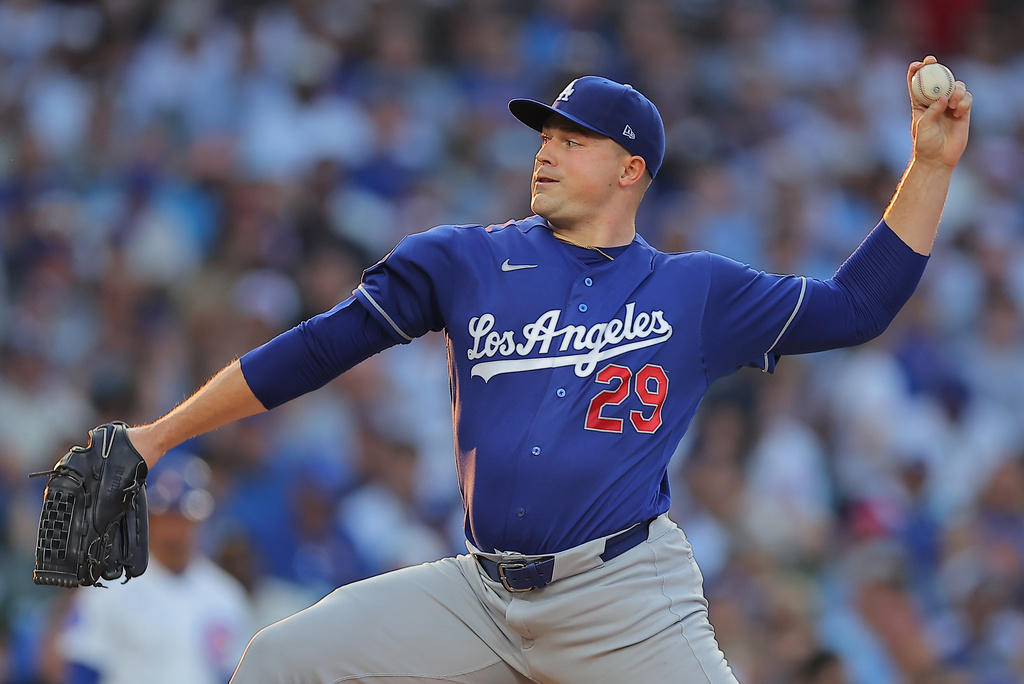 Los Angeles Dodgers starting pitcher Tarik Skubal throws during the first inning of a baseball game against the Chicago Cubs, Tuesday, Aug. 4, 2026, in Chicago. (AP Photo/Melissa Tamez)