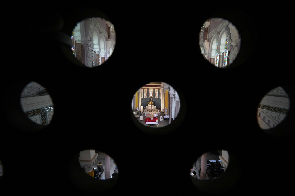Pope Leo XIV celebrates Mass at Saint Augustine Basilica in Annaba, Algeria, Tuesday, April 14, 2026, on the second day of an 11-day apostolic journey to Africa. (AP Photo/Andrew Medichini)