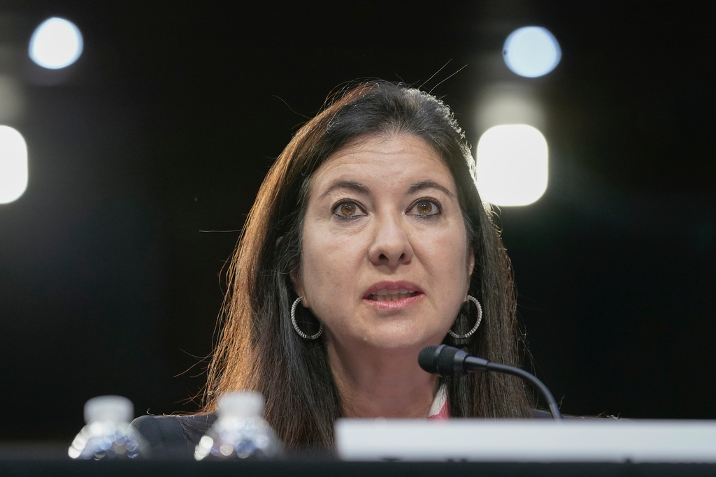FILE - Adriana Kugler speaks during a Senate Banking, Housing and Urban Affairs Committee hearing to examine her nomination to be a member of the Board of Governors of the Federal Reserve System, June 21, 2023, on Capitol Hill in Washington. (AP Photo/Mariam Zuhaib, File)