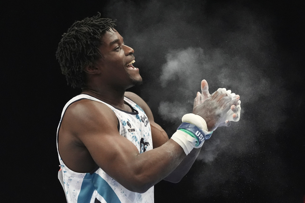 Fred Richard smiles after competing in the men's rings during the U.S. Gymnastics Championships, Thursday, Aug. 6, 2026, in Phoenix. (AP Photo/Ross D. Franklin)