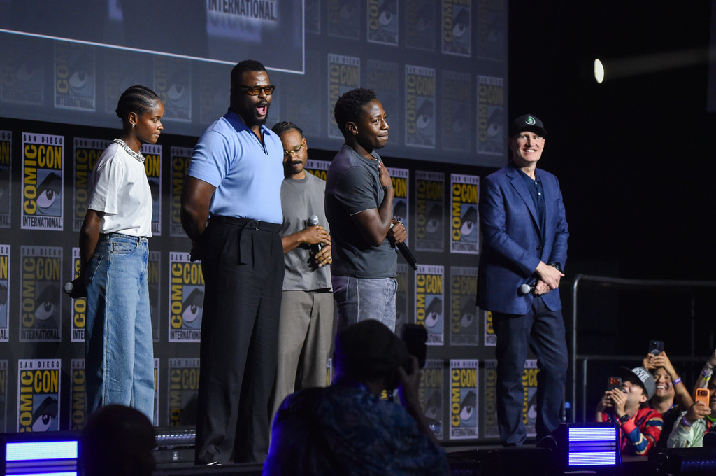 Letitia Wright, from left, Winston Duke, Ryan Coogler, David Jonsson, and Kevin Feige attend a panel for Marvel Studios during Comic-Con International on Saturday, July 25, 2026, in San Diego. (Photo by Richard Shotwell/Invision/AP)