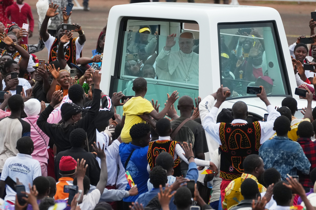 Pope Leo XIV arrives to celebrate Mass at Bamenda Airport, Cameroon, Thursday, April 16, 2026, on the fourth day of his 11-day pastoral visit to Africa. (AP Photo/Andrew Medichini)